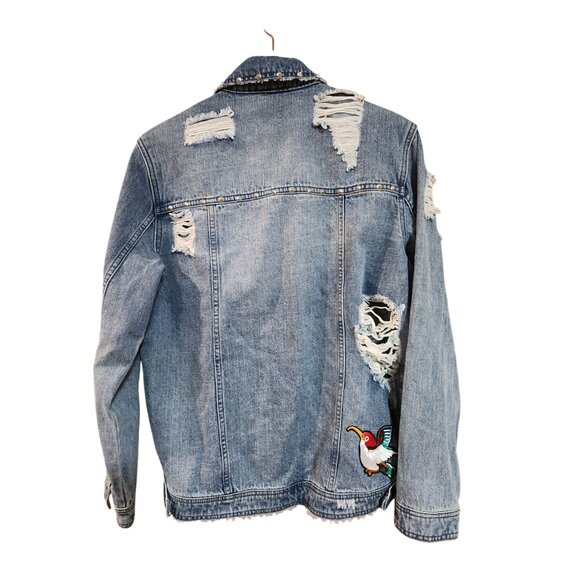 Distressed Denim Jacket With Embroidered Patches & Stud Details  Medium Size  Ti - Picture 2 of 5